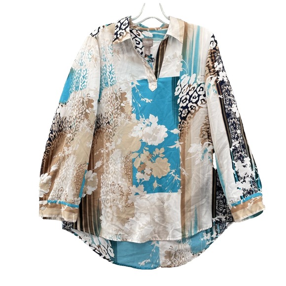 Chico's Blouse Top Women's 8 Blue Beige Animal Print Corpcore Maximalist‎ Office - Picture 1 of 12